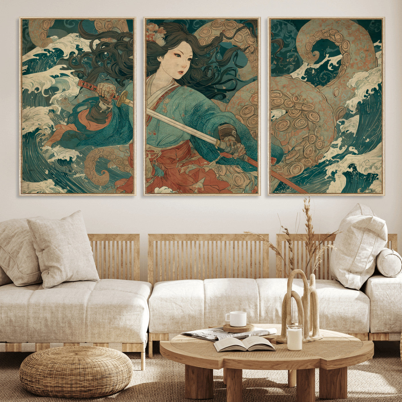 Tsukioka Yoshitoshi Samurai Wall Art Print, Japanese Katana Warrior Canvas Wall Art, Octopus Sea Monster Canvas Print,