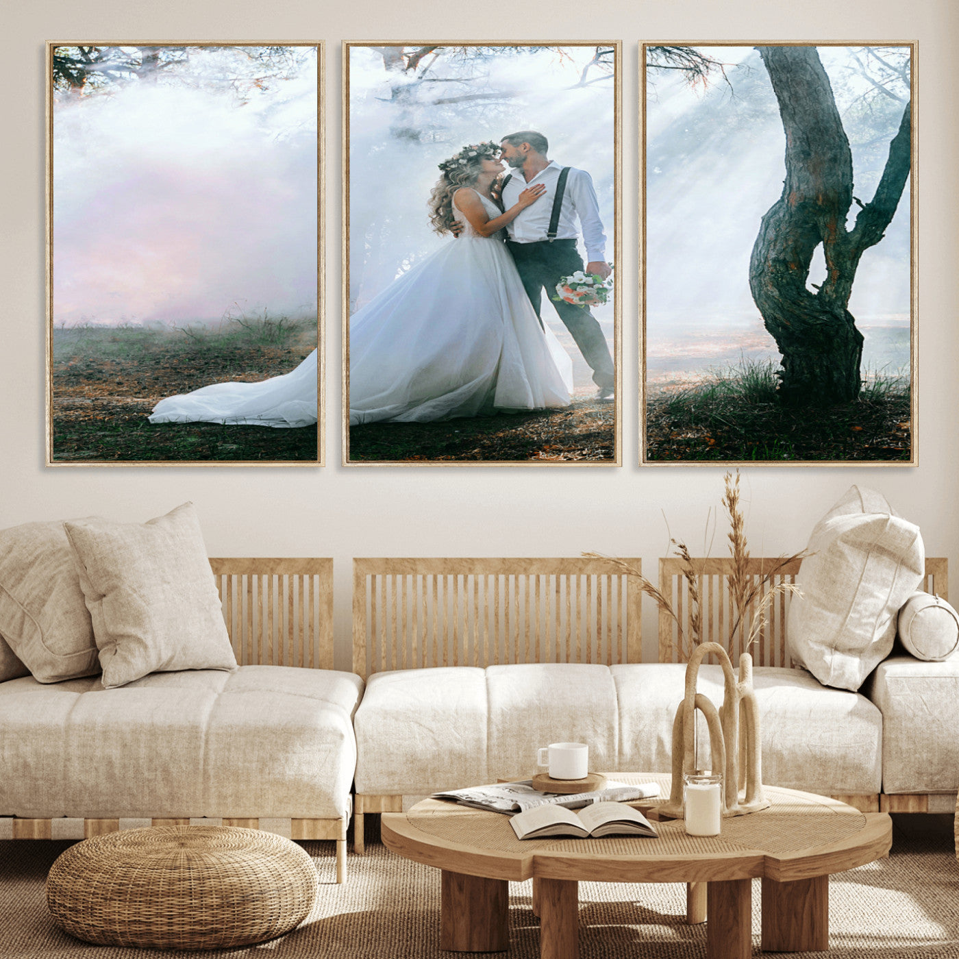 MGV-FC-60X30-3P - Forest Wedding Wall Art – Romantic Bride and Groom Canvas Print, Enchanted Woodland Photography Decor for Bedroom, Living Room, or Wedding Gift