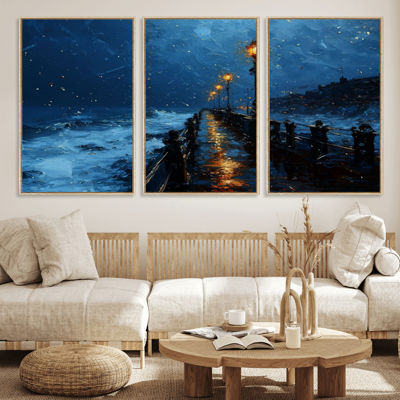 "Impressionistic painting of a rainy pier at night with glowing street lamps reflecting on the wet surface, ocean waves crashing under a dark blue sky."