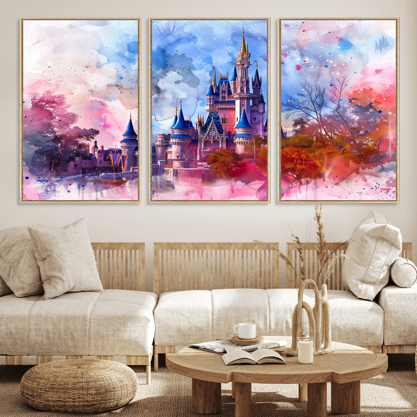 Watercolor canvas of a dreamy Disney-style castle in pastel pink and blue tones, perfect for fairytale or whimsical home decor.