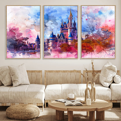 Watercolor canvas of a dreamy Disney-style castle in pastel pink and blue tones, perfect for fairytale or whimsical home decor.