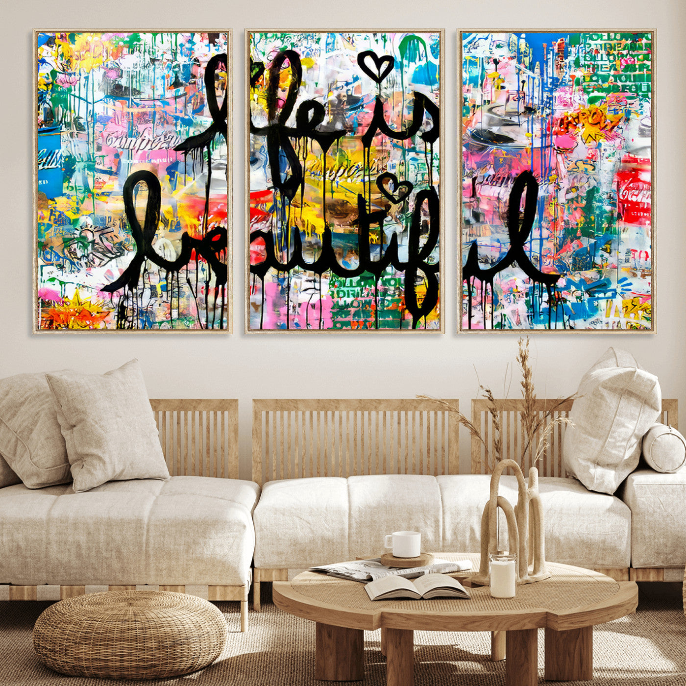 Colorful urban-style canvas with graffiti text “Life is Beautiful” in black paint, ideal for bold or street-themed home decor.
