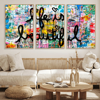 Colorful urban-style canvas with graffiti text “Life is Beautiful” in black paint, ideal for bold or street-themed home decor.