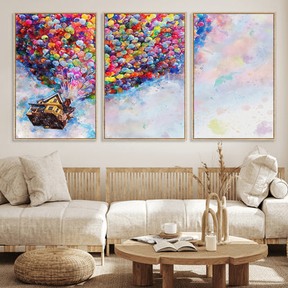 Whimsical canvas of the house from the movie Up flying with colorful balloons, ideal for Pixar or animation-themed decor.