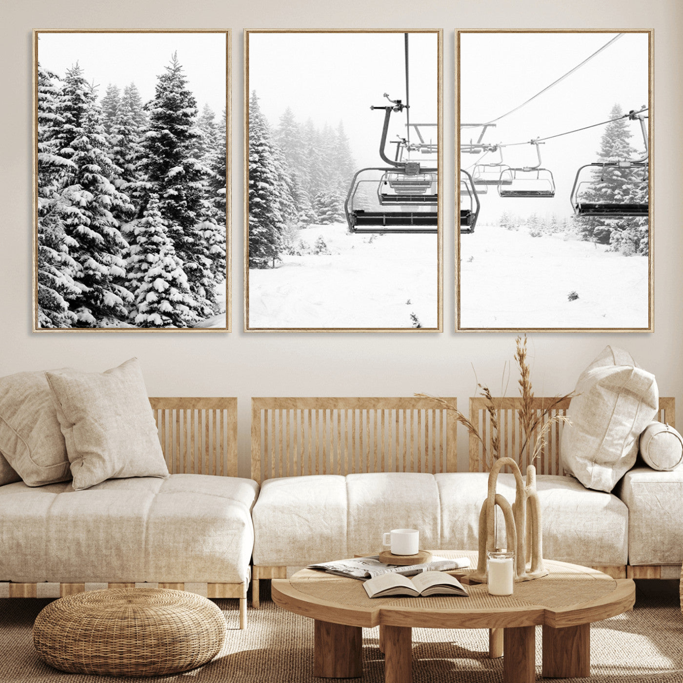 Black and white canvas of empty ski lifts over a snowy pine forest, perfect for minimal winter or ski lodge-inspired decor.
