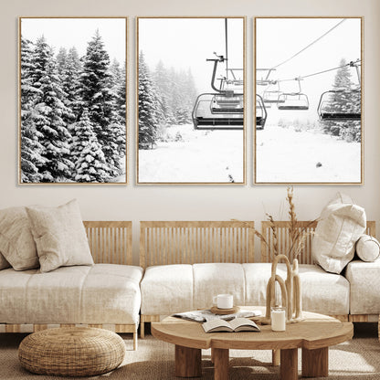 Black and white canvas of empty ski lifts over a snowy pine forest, perfect for minimal winter or ski lodge-inspired decor.