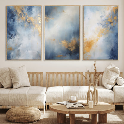 Abstract canvas art in soft blue and gold tones with textured brushstrokes, ideal for elegant or modern neutral decor spaces.