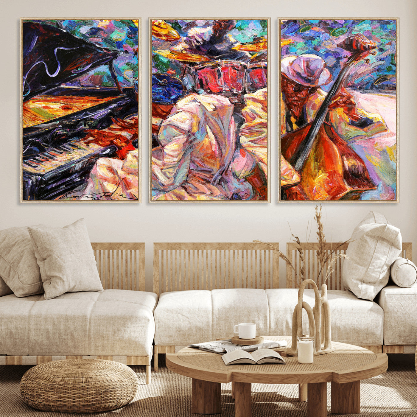Vibrant oil painting of a jazz band with piano, saxophone, and bass, ideal for colorful and expressive music-themed home decor.