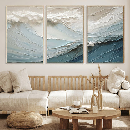 Textured canvas of ocean waves in soft coastal blues and creamy whites, ideal for modern or minimalist coastal-style interiors.