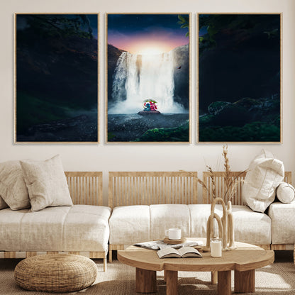 Romantic scene of Stitch and Angel sitting under a leaf in front of a glowing waterfall, ideal for tropical or fantasy-themed decor.