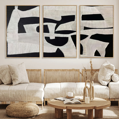 Minimalist black and white canvas featuring bold abstract textures and geometric shapes, ideal for modern neutral decor.