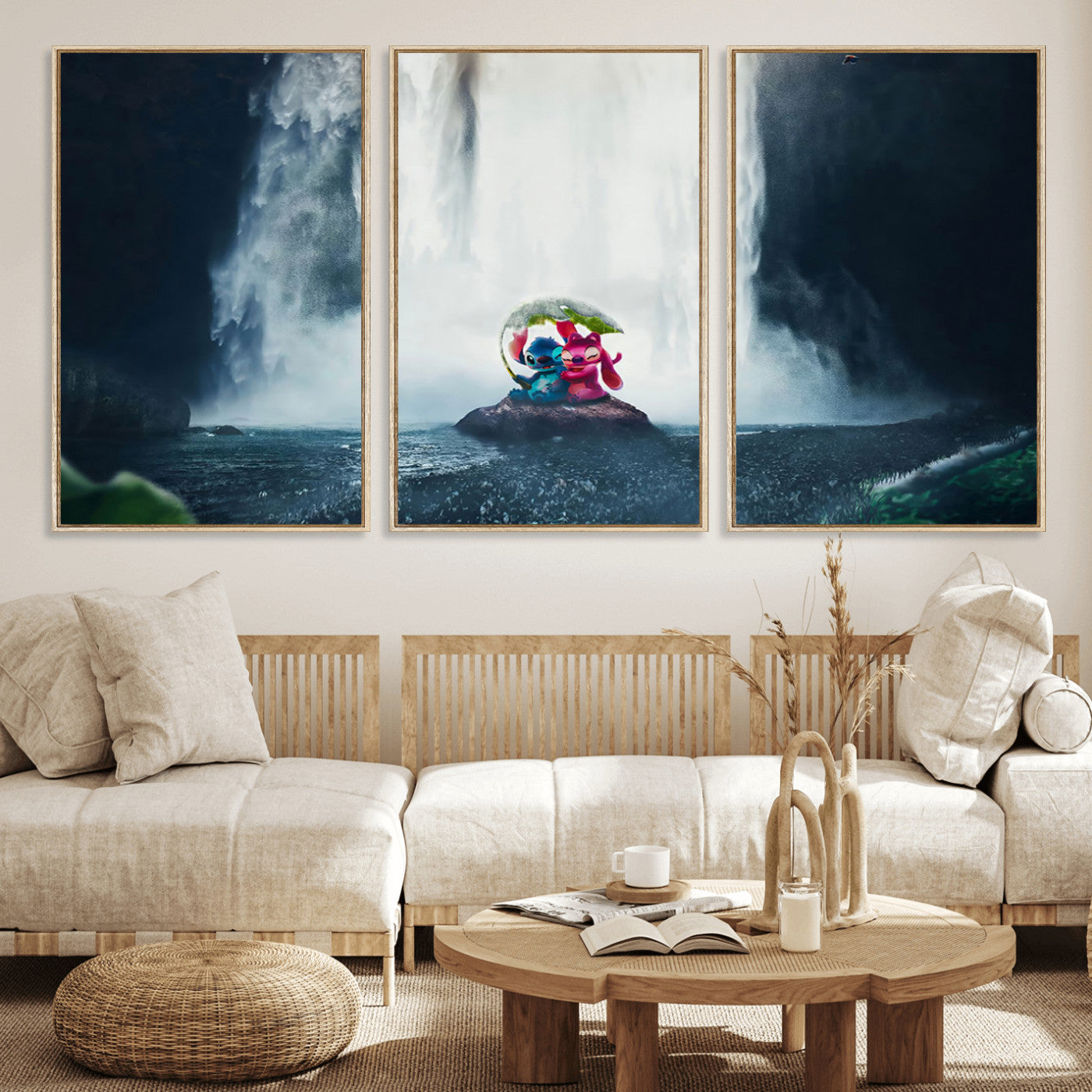 Fantasy canvas of Stitch and Angel under a leaf umbrella in front of a dramatic waterfall, perfect for moody jungle-themed or animated decor.
