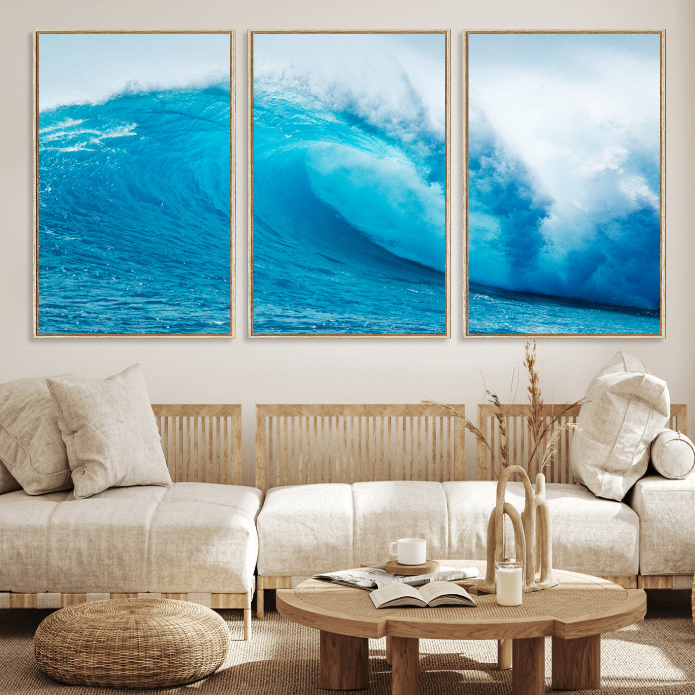 Vibrant canvas of a powerful curling ocean wave in tropical blue tones, perfect for coastal or surf-inspired decor settings.