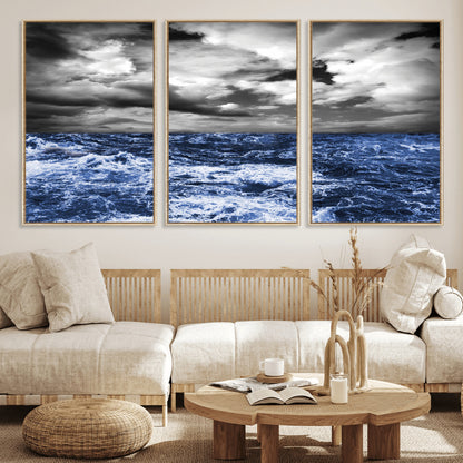 Moody canvas wall art of a stormy ocean under a dramatic black-and-white sky, perfect for bold or coastal-style interiors.
