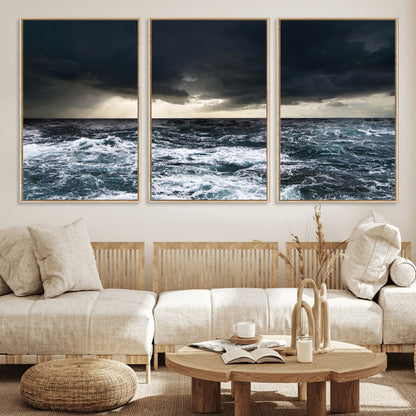 Moody ocean scene with stormy skies and crashing waves, perfect for dramatic or coastal-style home wall decor.