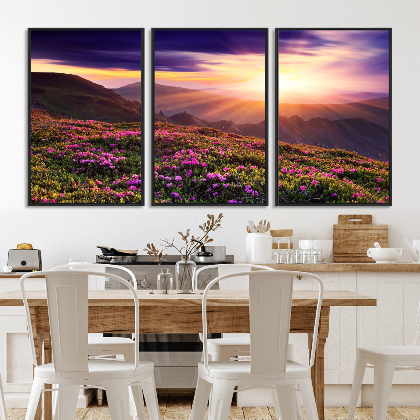 -Mountain Sunrise Wall Art – Vibrant Floral Landscape Canvas Print, Nature Home Decor for Living Room, Bedroom Office or Cabin