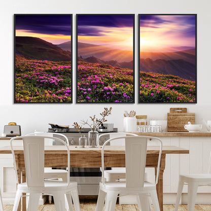 -Mountain Sunrise Wall Art – Vibrant Floral Landscape Canvas Print, Nature Home Decor for Living Room, Bedroom Office or Cabin