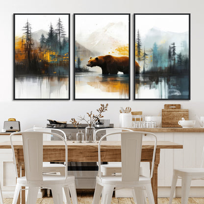 A majestic bear stands by the serene waters of a misty forest, surrounded by towering trees and distant mountains, evoking the raw beauty and wild spirit of nature.