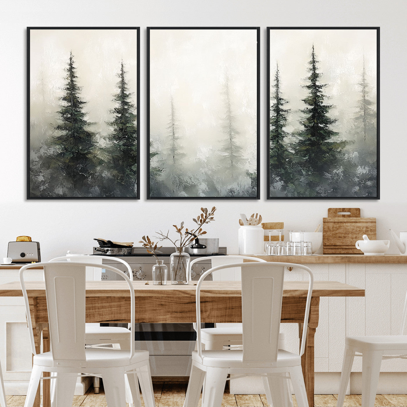 Soft and misty pine forest painting in neutral earthy tones, ideal for calm woodland or minimalist rustic home decor.
