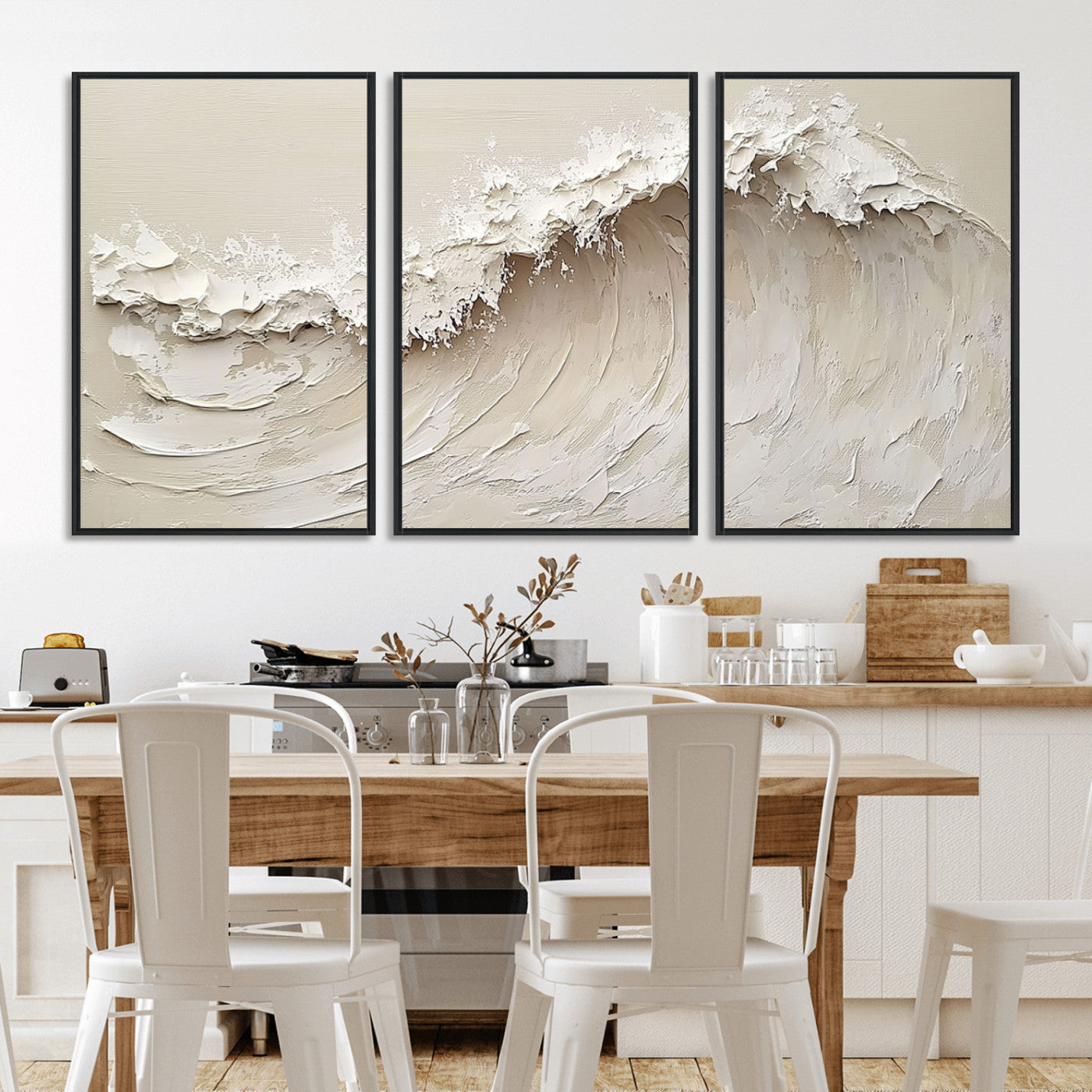 Textured canvas of an abstract white ocean wave in neutral tones, ideal for modern coastal or minimalist home decor.