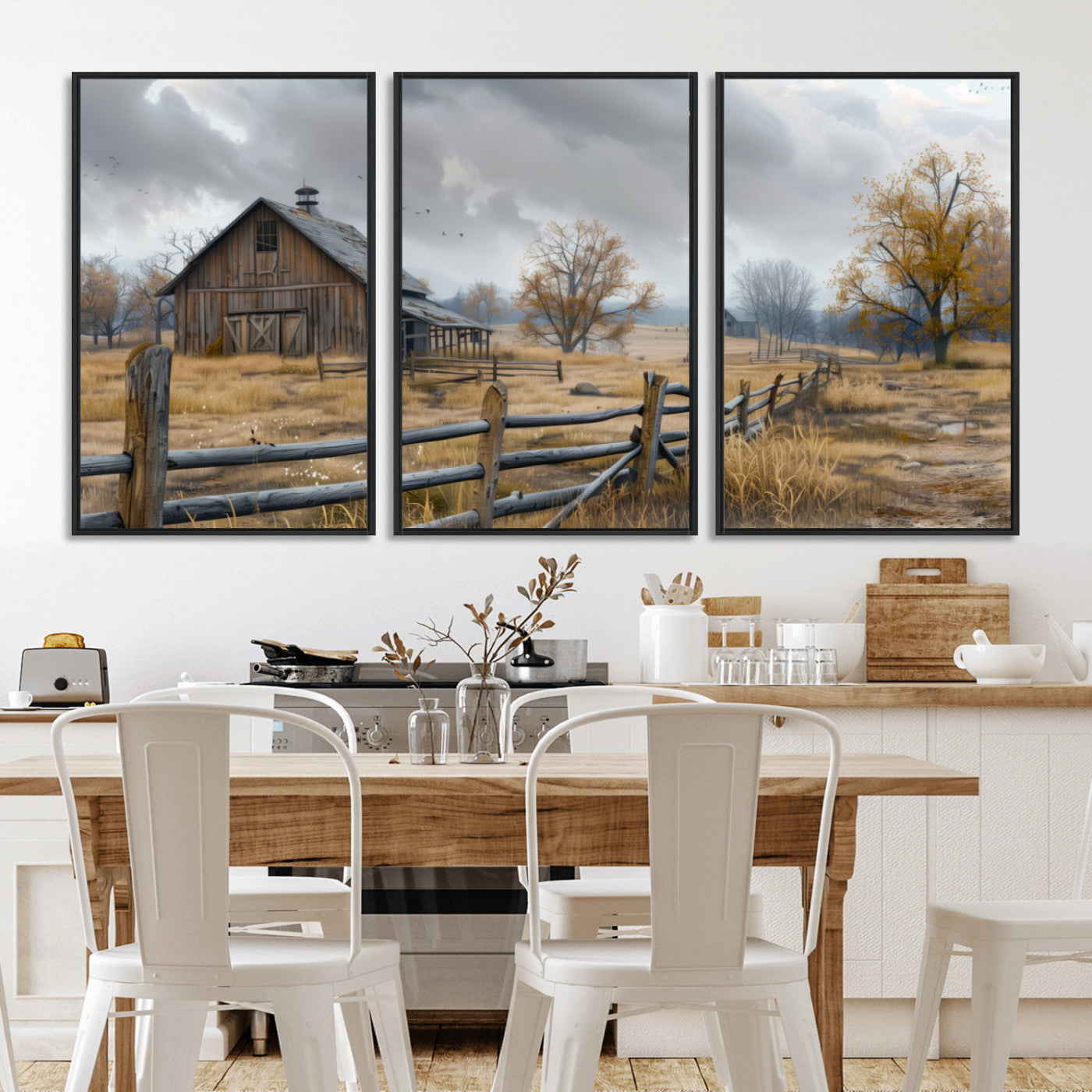 A tranquil rural scene featuring a rustic barn, overcast skies, and golden fields with scattered trees, evoking a sense of peaceful solitude in nature.