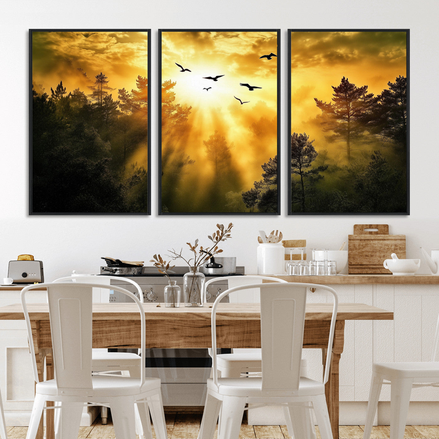 Canvas of a golden forest at sunset with birds flying through glowing sunbeams and silhouetted pine trees, ideal for warm-toned rustic decor.