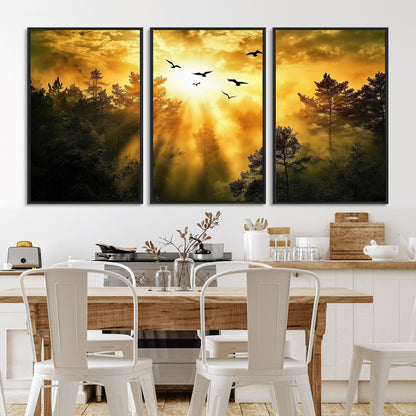 Canvas of a golden forest at sunset with birds flying through glowing sunbeams and silhouetted pine trees, ideal for warm-toned rustic decor.