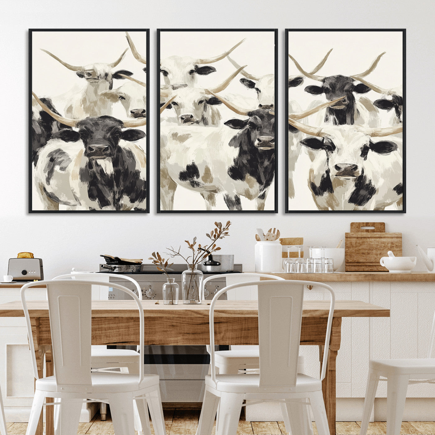Canvas of a Texas Longhorn cattle herd in neutral black and white tones, ideal for rustic farmhouse or western-themed decor.