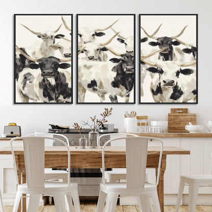 Canvas of a Texas Longhorn cattle herd in neutral black and white tones, ideal for rustic farmhouse or western-themed decor.