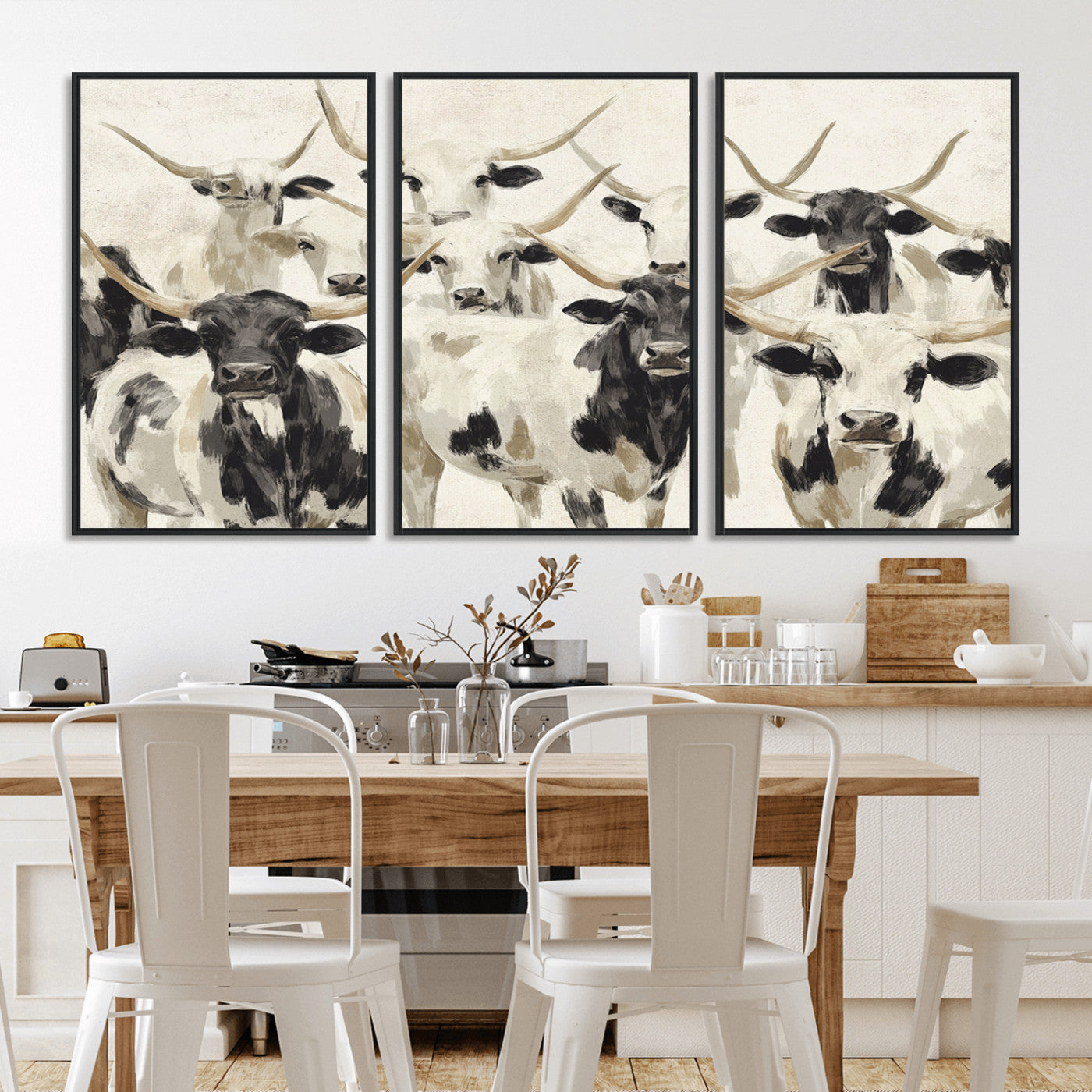 Canvas of a Texas Longhorn cattle herd in neutral black and white tones, ideal for rustic farmhouse or western-themed decor.