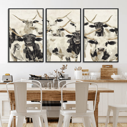 Canvas of a Texas Longhorn cattle herd in neutral black and white tones, ideal for rustic farmhouse or western-themed decor.