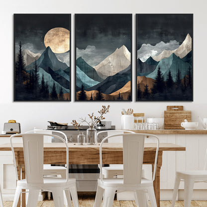 Stylized canvas of layered mountains under a full moon in neutral moody tones, ideal for nature-inspired or modern rustic interiors.