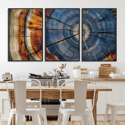 A stunning close-up view of a tree trunk, showcasing the intricate growth rings in a vibrant mix of warm browns, cool blues, and hints of natural texture.