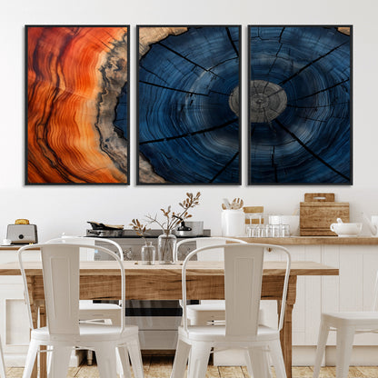 A captivating close-up of a tree trunk, showcasing its concentric rings in rich shades of blue, orange, and brown, highlighting the organic patterns of natural wood.