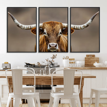 Close-up of a Texas Longhorn with strong curved horns and warm brown tones, perfect for rustic or western-style wall decor.
