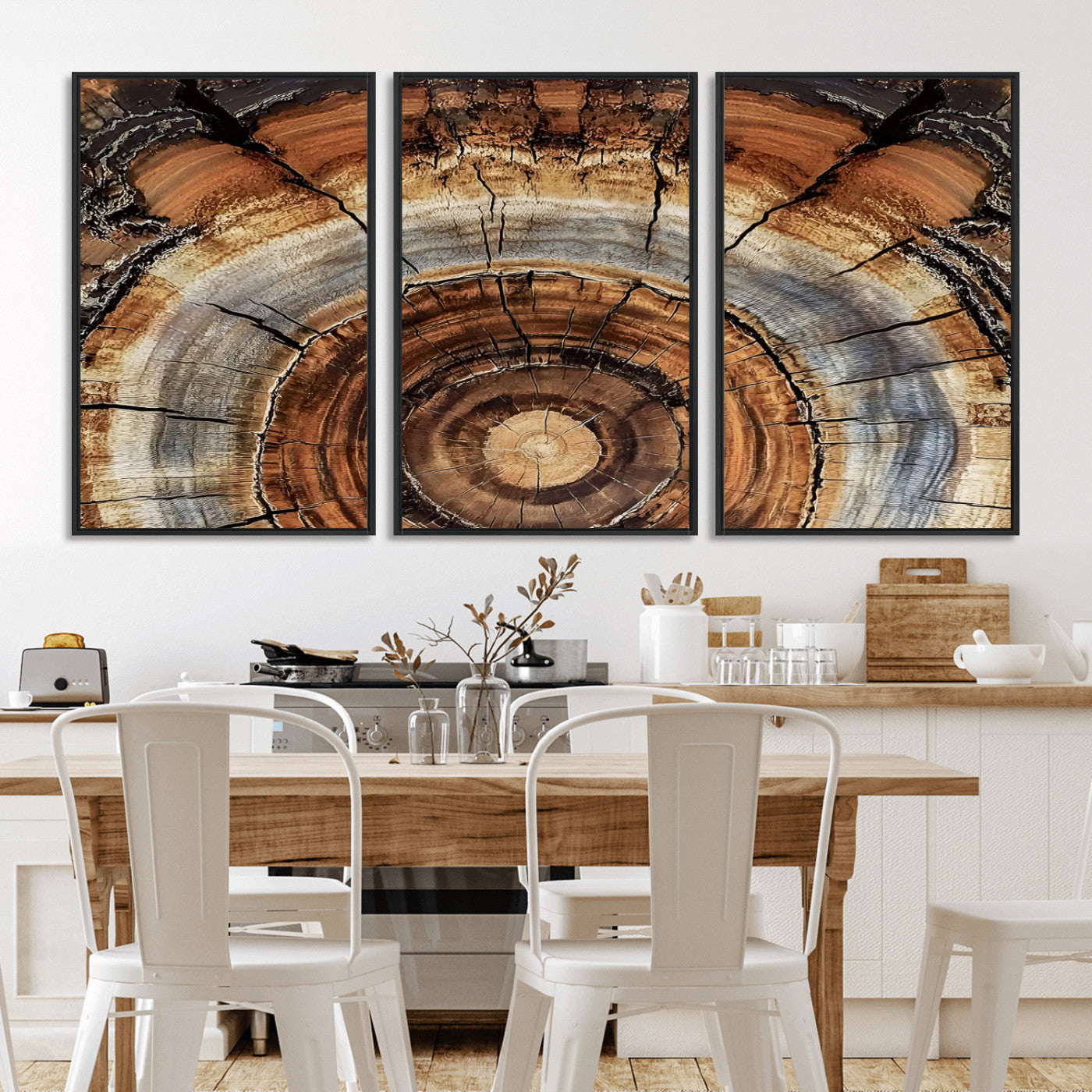 Canvas of tree rings and natural wood grain in earthy tones, ideal for rustic or vintage-inspired home decor with organic textures.