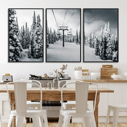 Canvas of a snowy ski lift scene through a forest of tall pine trees, ideal for moody winter or alpine-themed home decor.