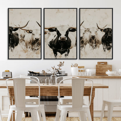 Illustrated herd of longhorn cattle in black and white tones with a neutral textured background, perfect for rustic or farmhouse-style decor.