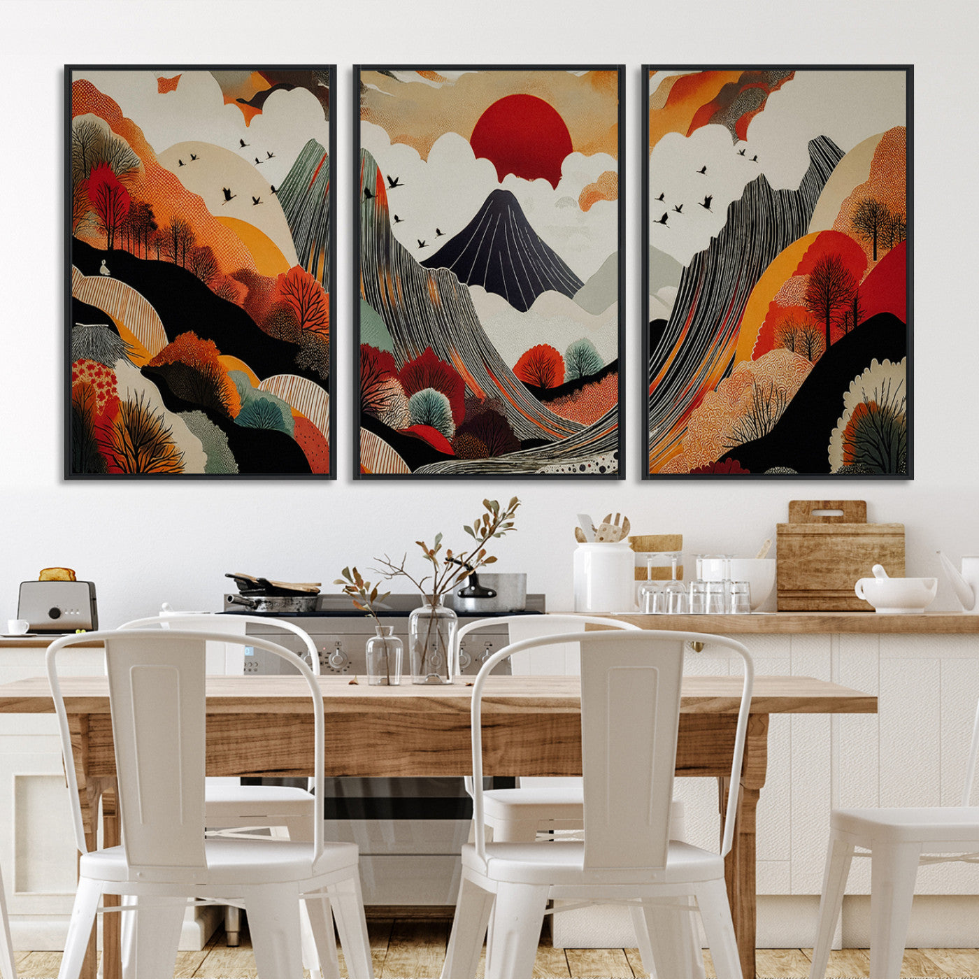 Abstract Mountain Wall Art Canvas Print, Vibrant Landscape Print, Framed Stylized Nature Drawing Art Print, Large Sunset Mountains Printing Perfect for Contemporary Minimalist Decor