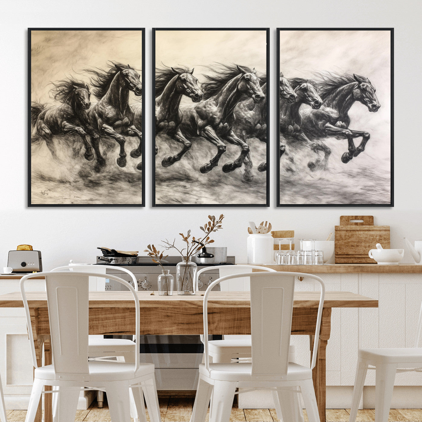 Monochrome drawing of a herd of galloping horses, perfect for dynamic and wild-themed decor in any equestrian or nature-inspired room.