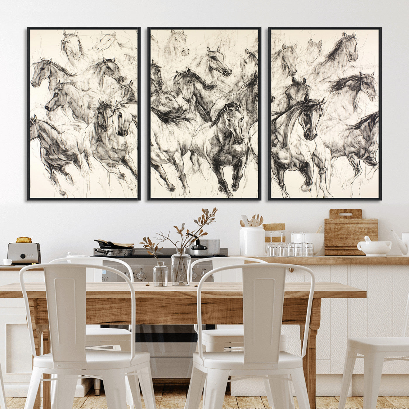Monochrome ink sketch of galloping horses in dynamic motion, perfect for western or equine-themed wall decor with bold artistic energy.