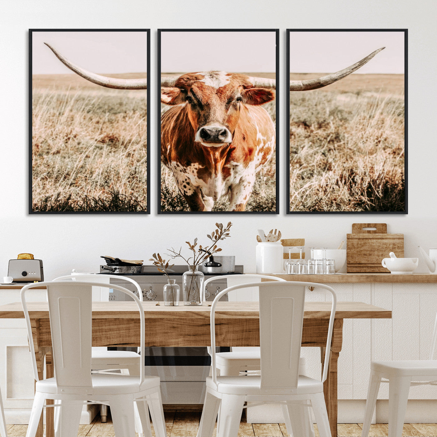 Framed longhorn cow canvas wall art with rustic prairie background, western animal print perfect for farmhouse or ranch style decor