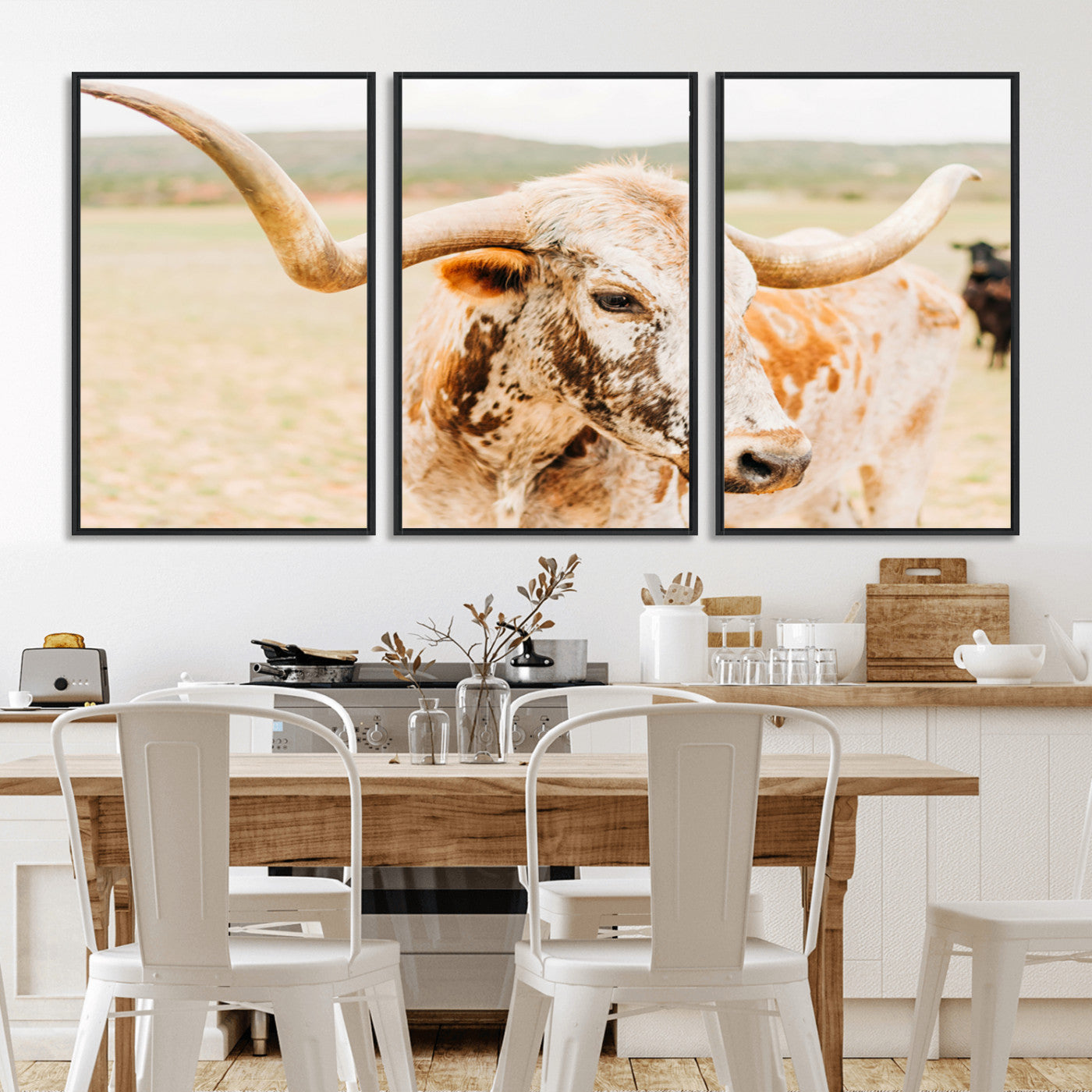Close-up of a speckled Texas Longhorn in warm prairie tones, perfect for rustic western or countryside-themed room decor.
