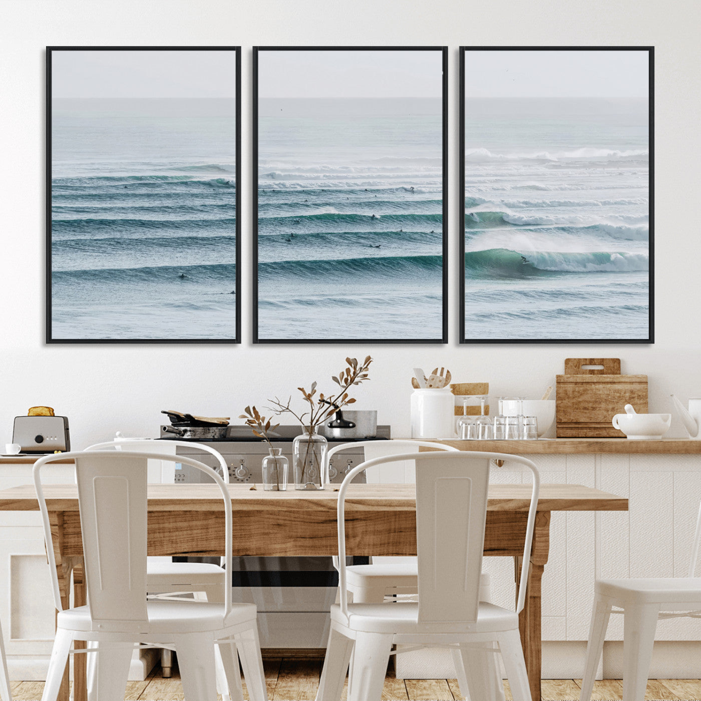 High-angle view of surfers lining up across layered ocean waves, ideal for minimal coastal or surf-inspired room decor.