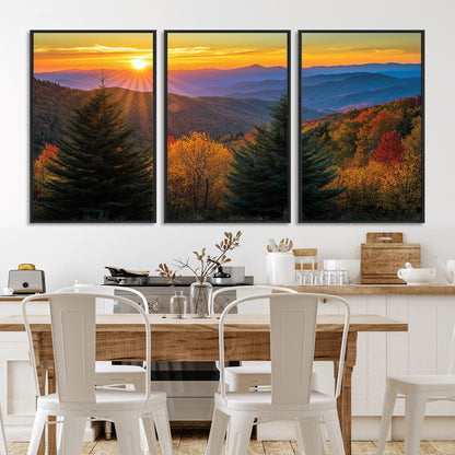 Vibrant sunset over autumn mountains with colorful trees and warm light, ideal for nature lovers or cabin-style wall decor.