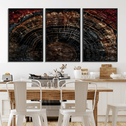 Dark Wood Wall Art Print - Petrified Tree Canvas Print, featuring an intricate tree ring pattern with deep earthy tones and organic textures, perfect for rustic and nature-inspired decor.