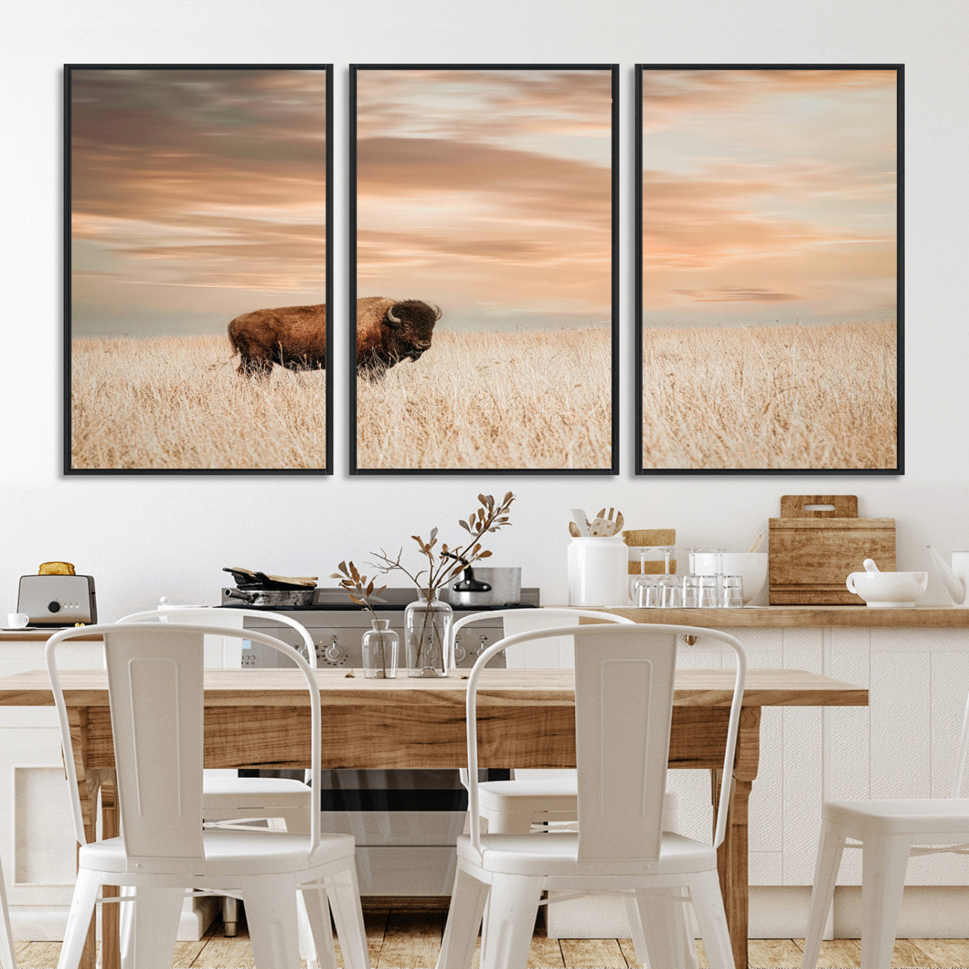 Bison Wall Art Print - Buffalo Canvas Print, featuring a lone bison in a golden prairie under a warm sunset sky, perfect for rustic and farmhouse decor.