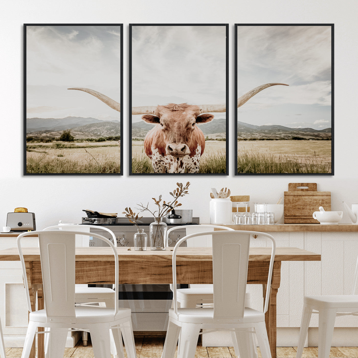 Longhorn Wall Art Print - Western Cow Canvas Print, featuring a majestic Texas longhorn in a rustic prairie setting, perfect for farmhouse and western decor.