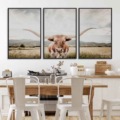 Longhorn Wall Art Print - Western Cow Canvas Print, featuring a majestic Texas longhorn in a rustic prairie setting, perfect for farmhouse and western decor.