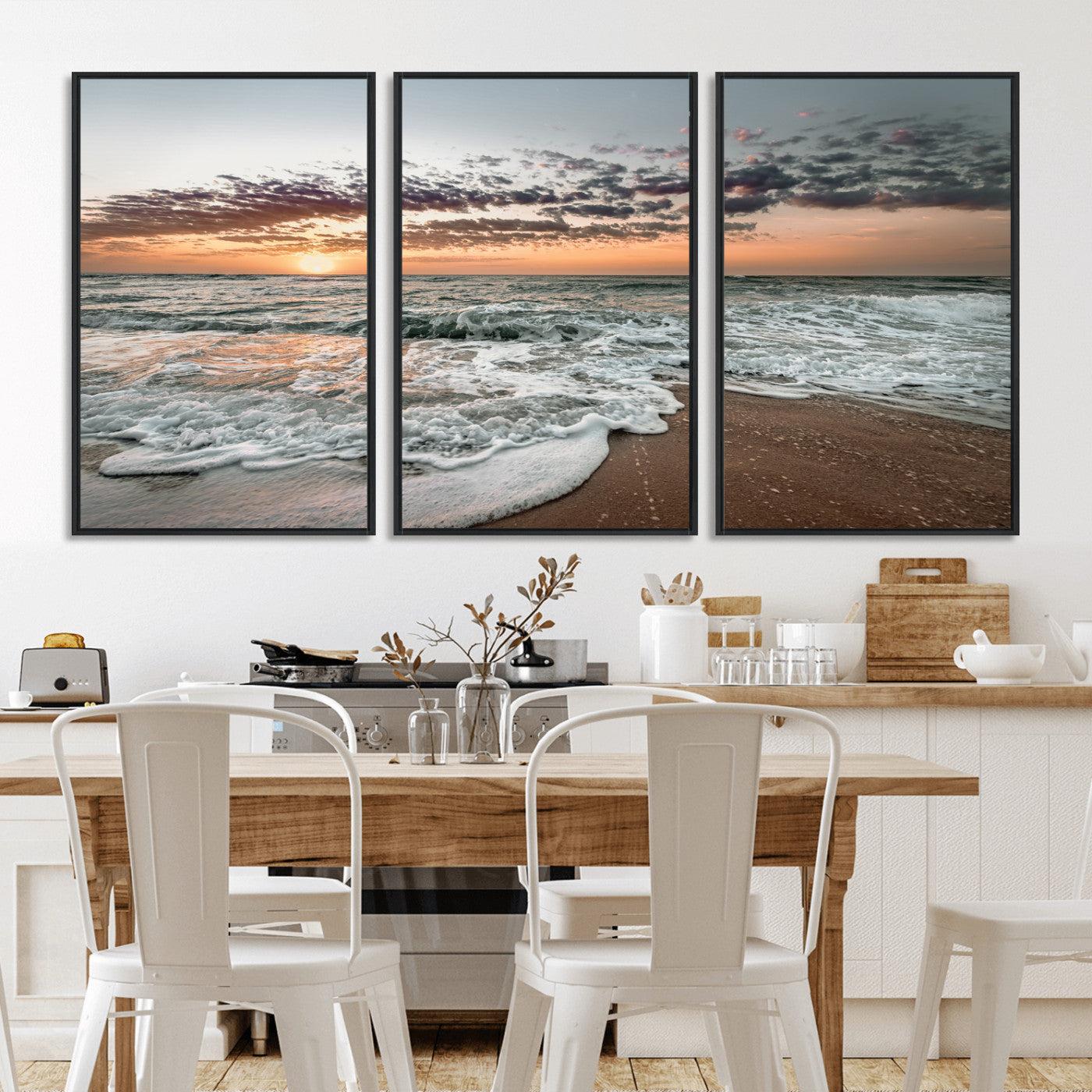 Ocean Sunset Wall Art Print - Beach Waves Canvas Print, featuring a serene seascape with golden sunlight reflecting on gentle waves, perfect for coastal and minimalist decor.